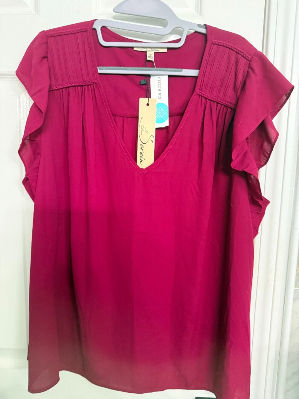 NWT Le Serein Magenta Pink Pintuck Flutter Sleeve V-Neck Blouse 1X